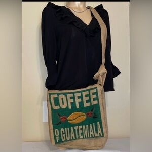 Crossbody messenger bag  purse unisex coffee bean bag Upcycled burlap embroider